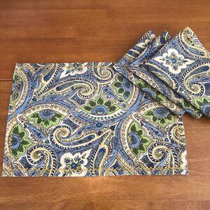 April Cornell Placemats Set of 4 Blue Green Paisley Feather Stitch Cotton India